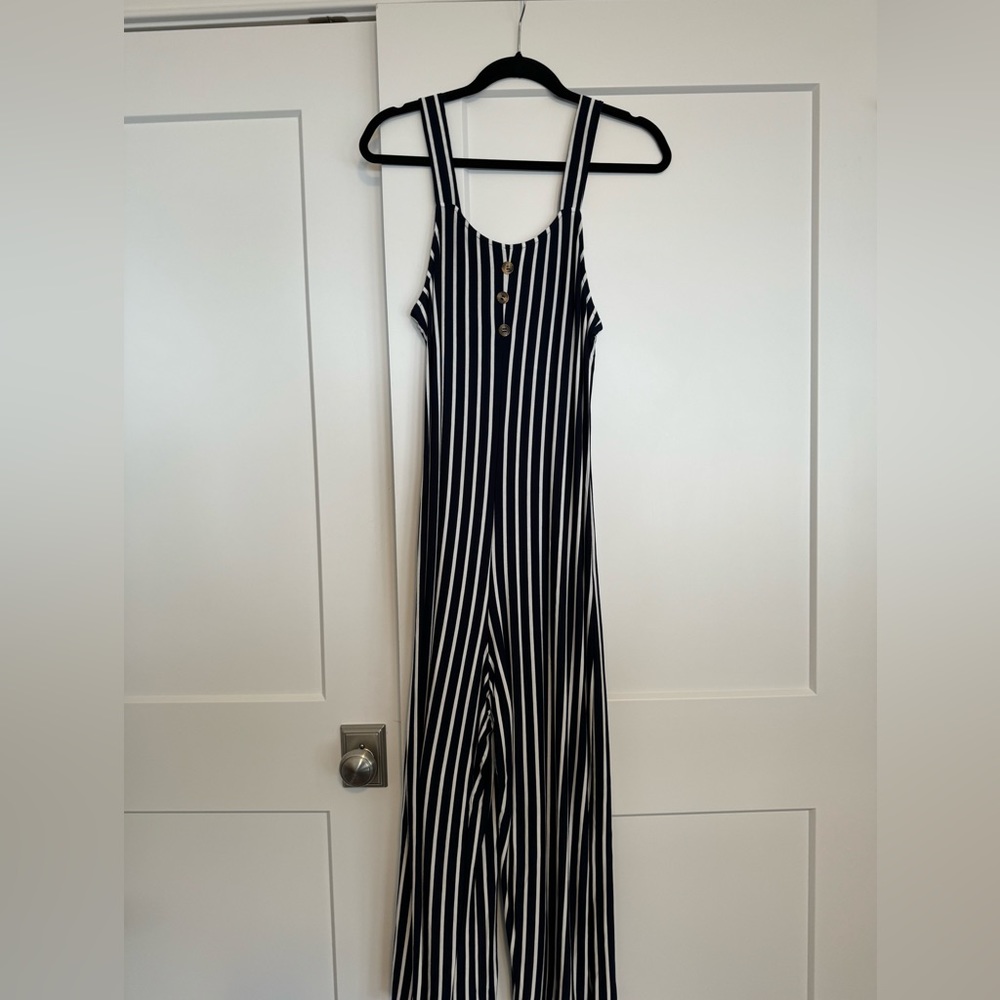 Angie Navy and White Striped Jumpsuit with Button Detail